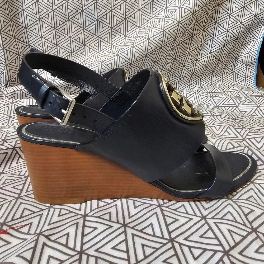 Tory Burch Metal Miller Leather Wedge Sandals Navy Blue Silver Size 8.5